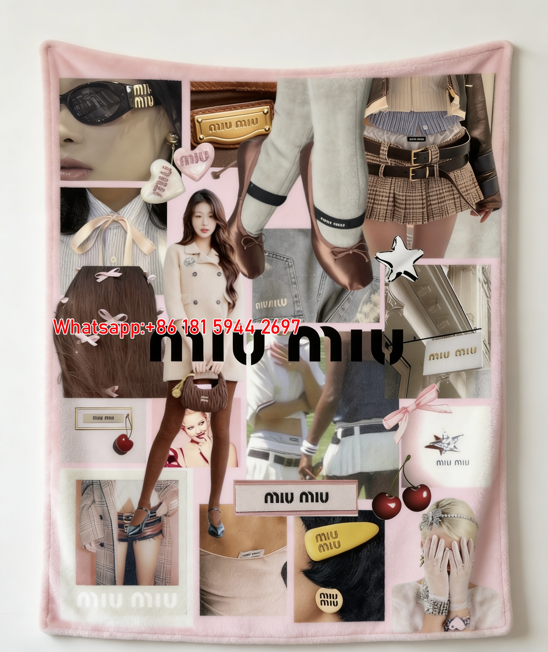Miu Miu Pink & Brown Coquette Fashion Collage Printed Flannel Sofa Throw Blanket IMG_0491